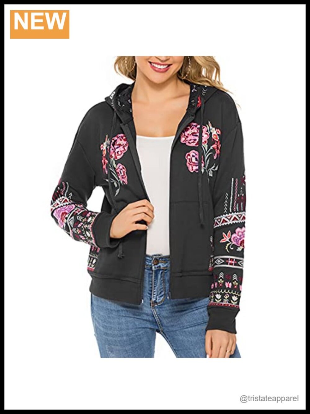 Women's Floral Embroidered Zip Hoodie Jacket Long Sleeve Fall Winter Coat